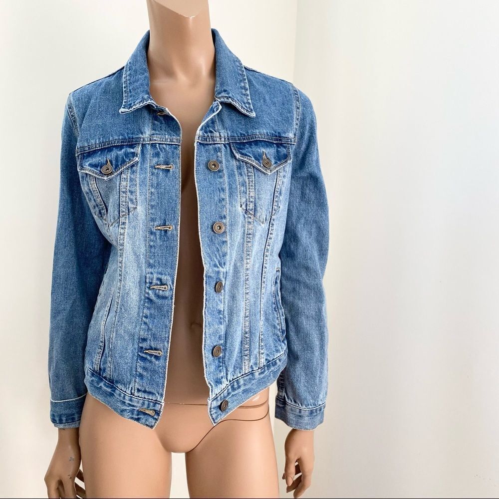 Sunset + Spring Ruffle Trim Blue Denim Jacket S - Picture 5 of 13